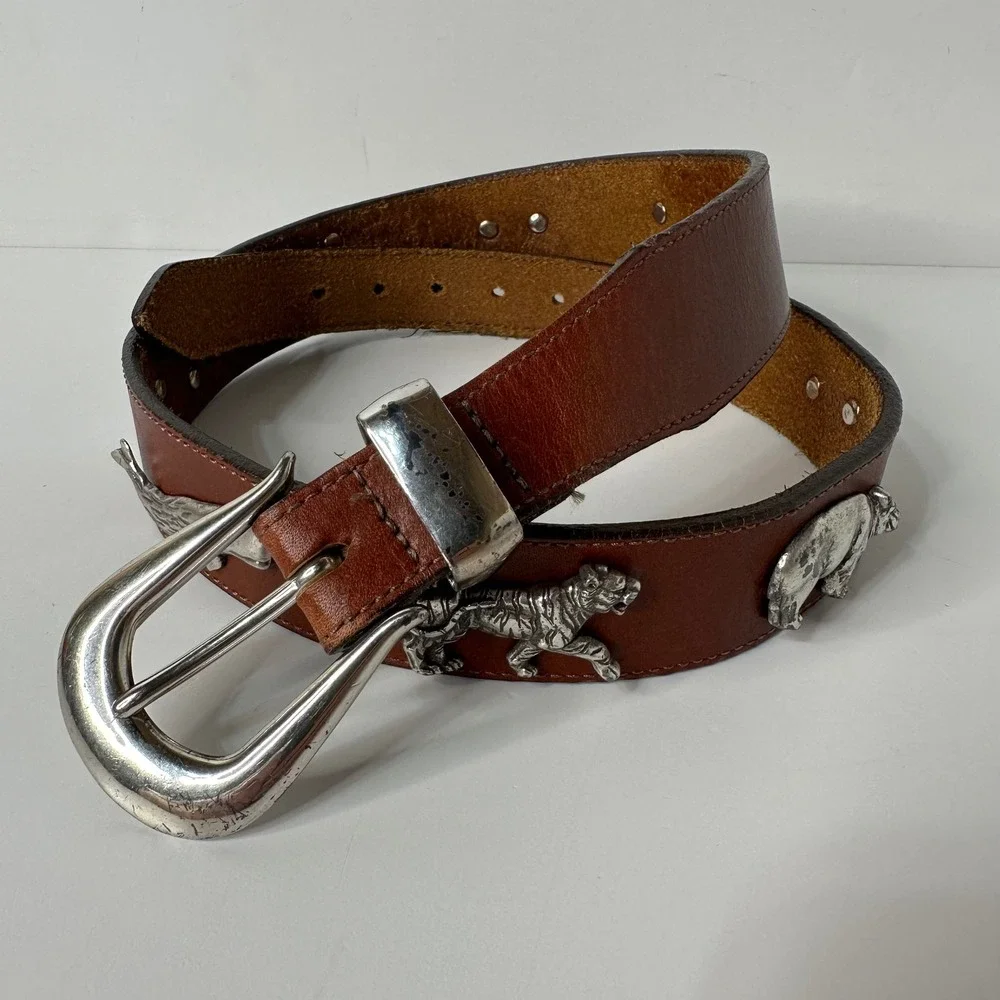 Honest Brighton Brown Leather Belt Silver Tone 3D Animals Safari Vtg 90s Sz 30